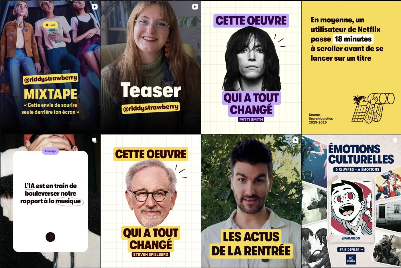 La grille Instagram de Kulteo : invités, œuvres qui ont tout changé, éclairages et chiffres clés.