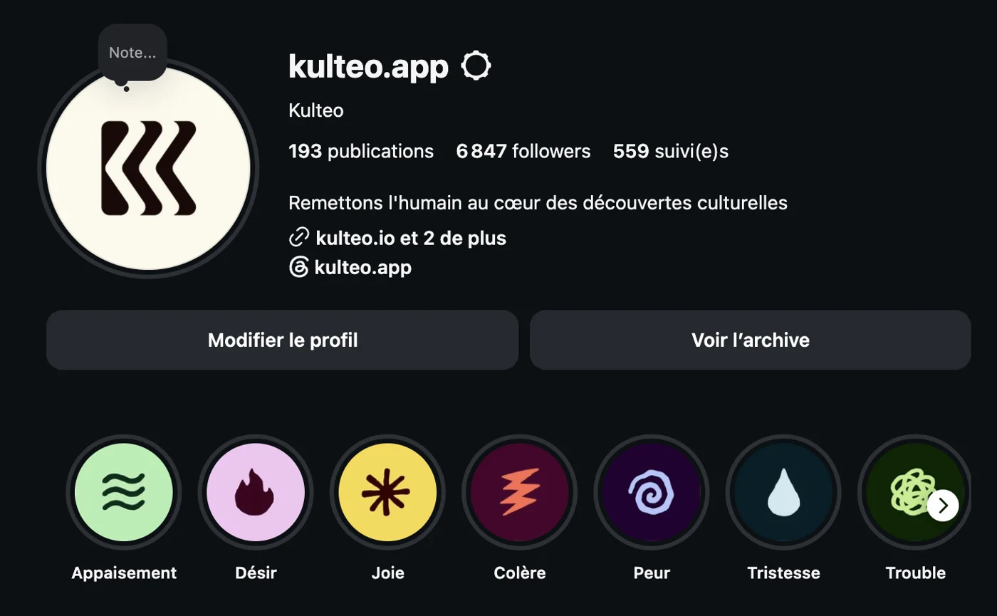 Le profil Instagram kulteo.app : 193 publications, 6 847 followers, et une pastille par émotion.