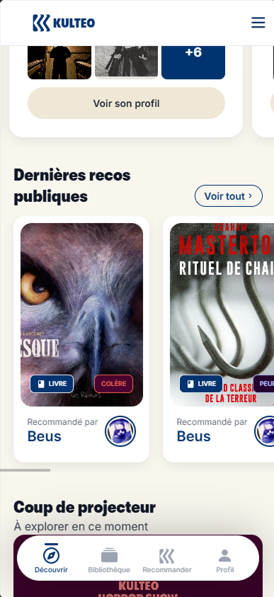 Deuxième aperçu de l'accueil de l'application, plus bas dans la page