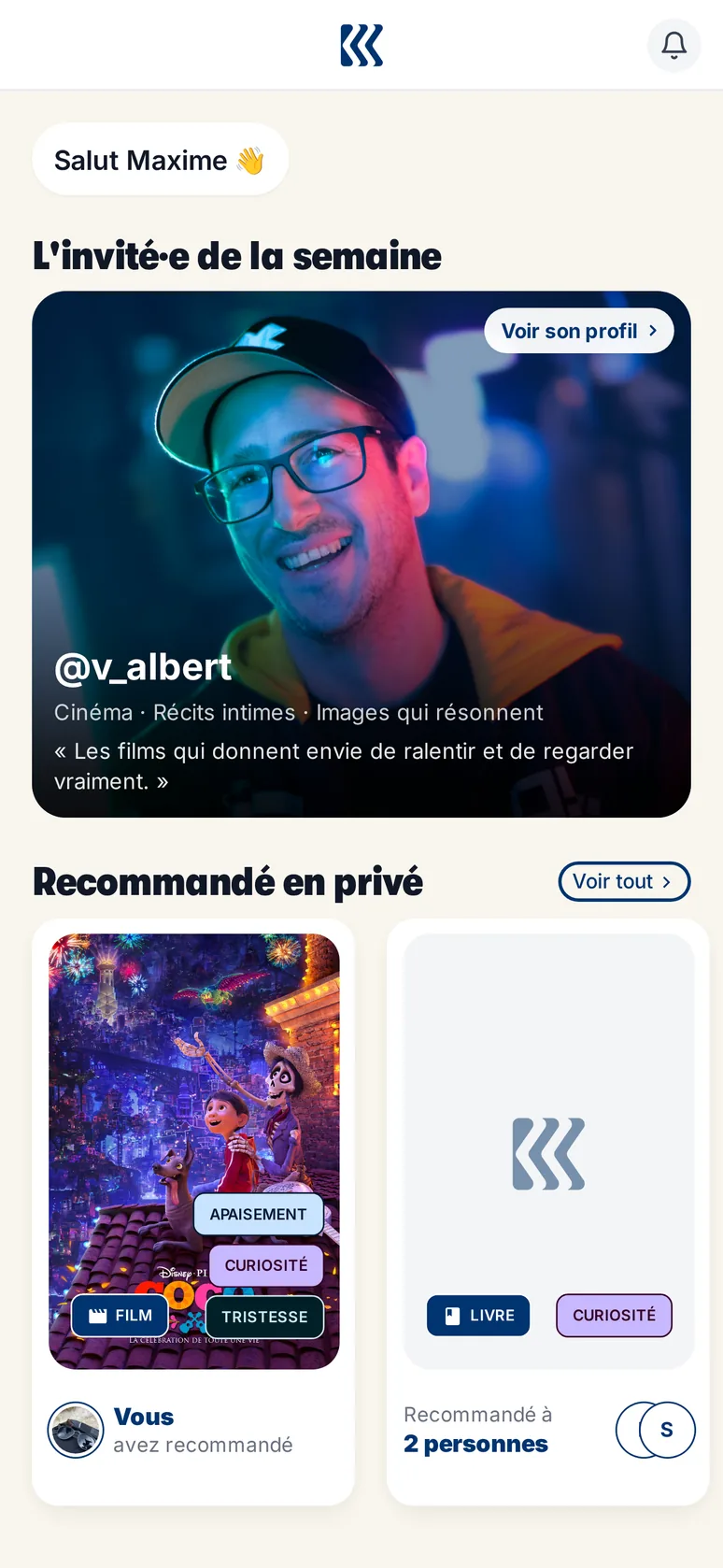 Accueil de l'application : l'invité·e de la semaine présente ses goûts culturels