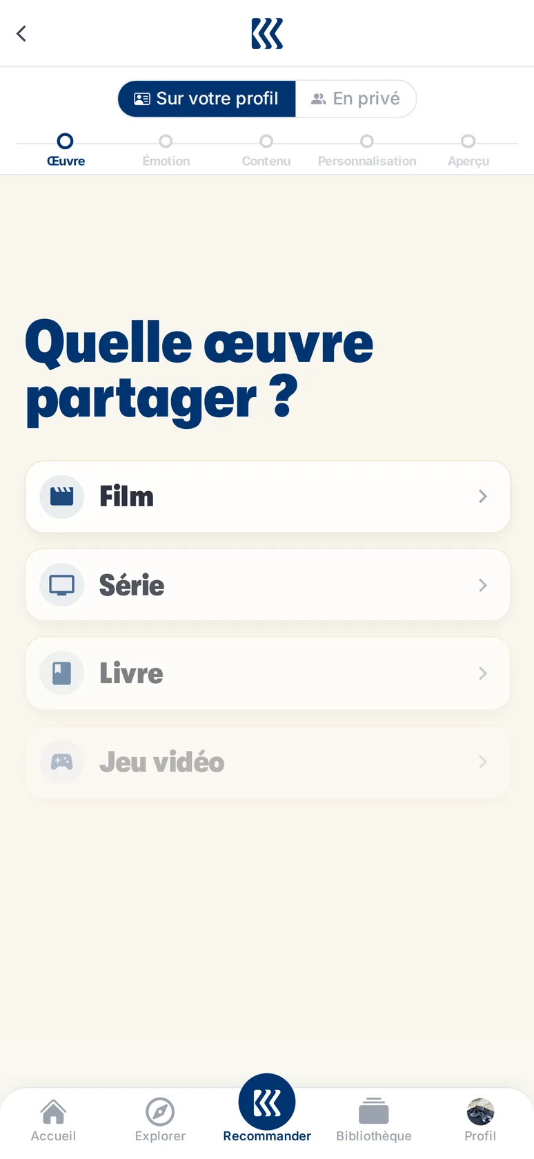 Choix du type d'œuvre : film, série, livre