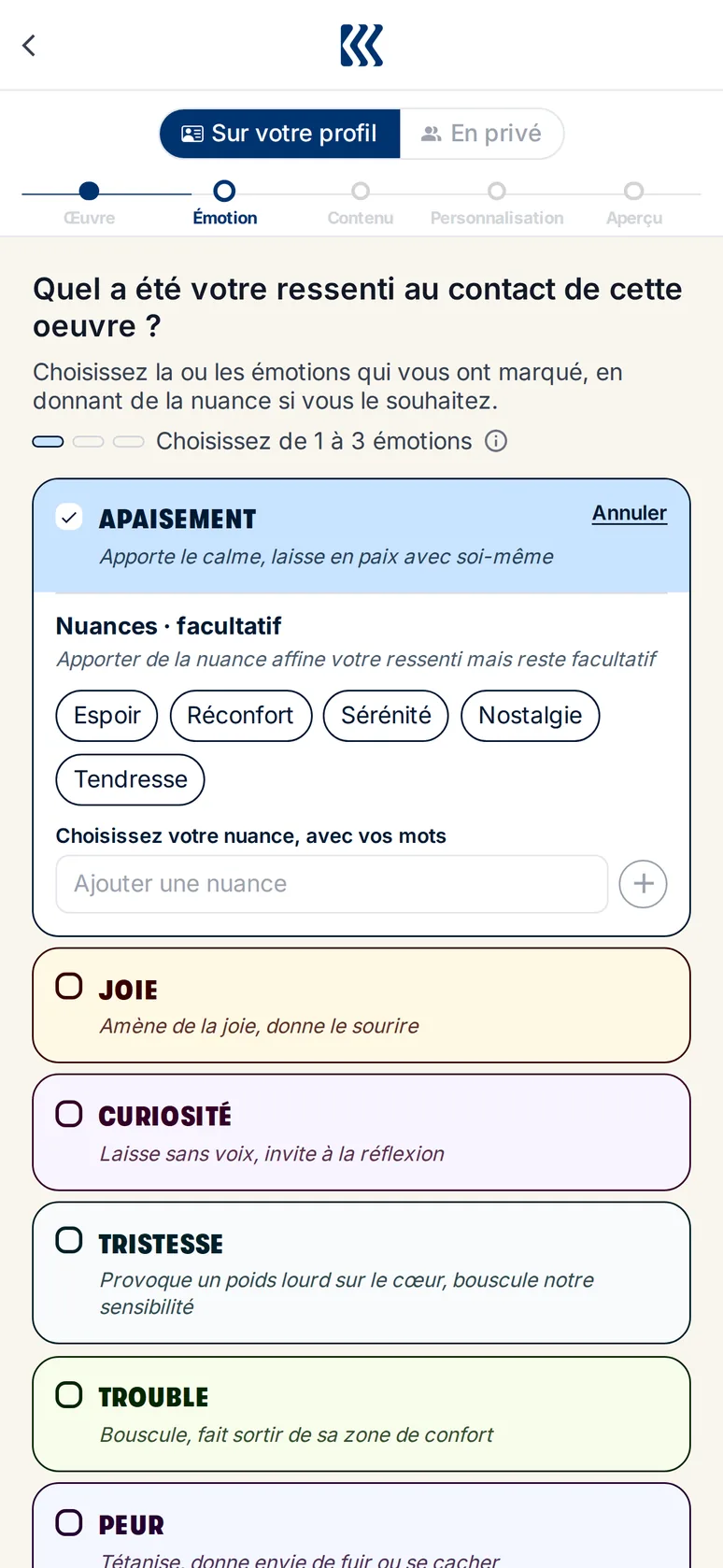 Choix des émotions ressenties et de leurs nuances