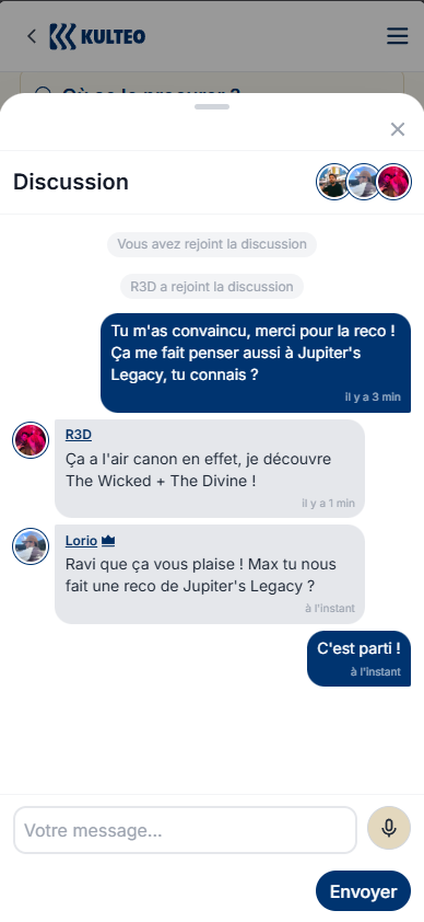 Ecran de discussion entre 3 utilisateurs, autour d'une recommandation