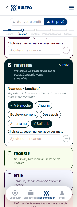 Liste d'émotions et de nuances à sélectionner pour créer une recommandation