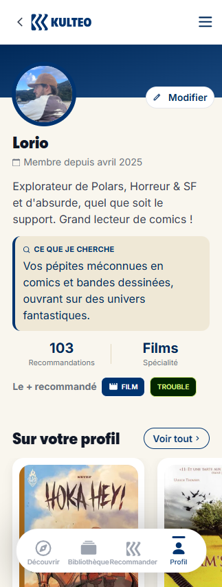 Aperçu d'une page profil avec description et recommations publiques'